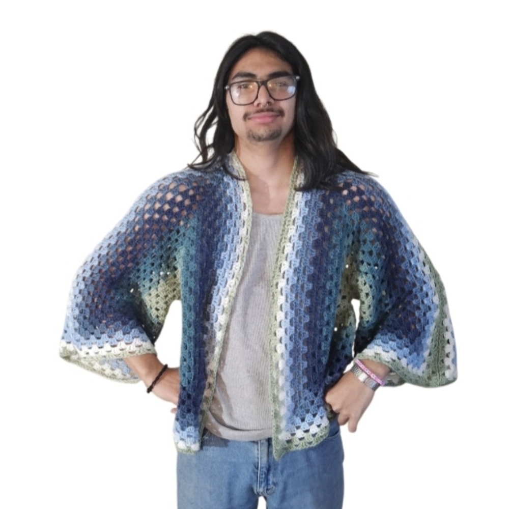Handmade Crochet Open Front Cardigan Granny Square Blue Green Mens Sweater Coats